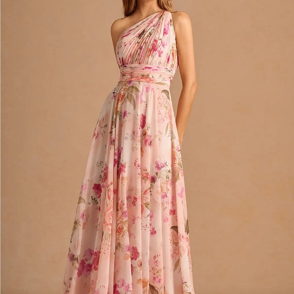 Azazie One-Shoulder Pink Floral Maxi Dress
